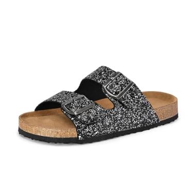 Imagem de mysoft sandália feminina com glitter e fivela dupla, sandália com parte inferior de cortiça ajustável para pés sem cadarço, Black-silvery, 10