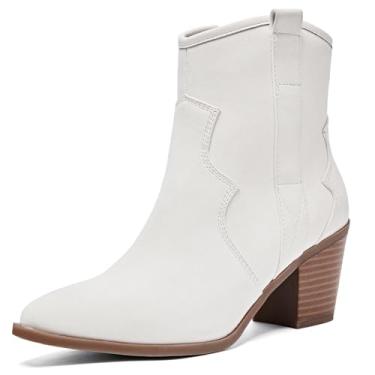 Imagem de Ruiee Botas de cano curto femininas de salto grosso, modernas, confortáveis, bico redondo, salto médio baixo, inverno, outono., Branco PU 969, 40