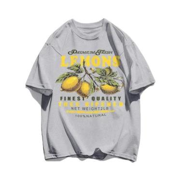 Imagem de Camiseta Feminina Solta De Algodão Com Estampa De Limão, Gola Redonda,