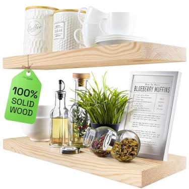 Imagem de Prateleiras flutuantes de madeira conjunto de 2 - prateleira rústica de 61 cm - Feito na Europa - Prateleiras de parede de madeira largas para sala de estar quarto cozinha banheiro casa de fazenda - DIY inacabado - 60 cm x 17 cm