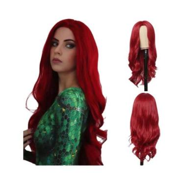 Imagem de Peruca Cosplay Vermelha Longa E Ondulada Para Mulheres Com Divisão Cen
