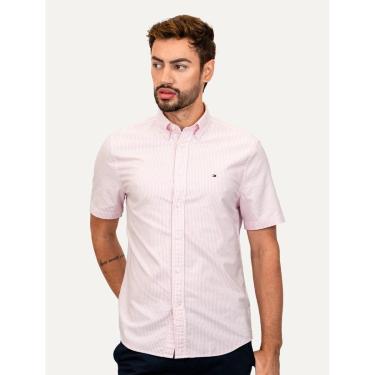 Imagem de Camisa Tommy Hilfiger Masculina Manga Curta Regular Oxford Stripes Rosa Mescla-Masculino