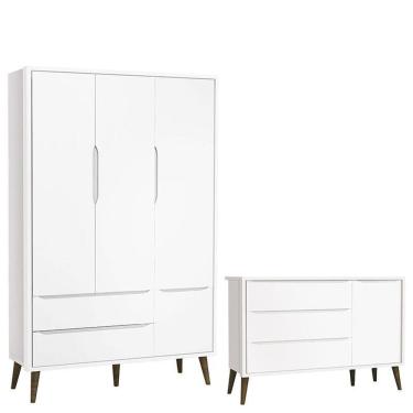 Imagem de Cômoda Infantil com Porta e Guarda Roupa 3 Portas Theo Branco Acetinado com Pés Amadeirado – Reller