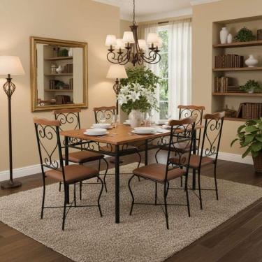 Imagem de Sala de Jantar Elegância Rústica 6 Lugares Mesa em Madeira Maciça com Cadeiras em Couro Sintético