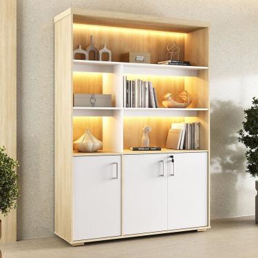 Imagem de Estante para Escritório com Luz de Led 3 Portas com Chave Tamburato Carvalho/Branco