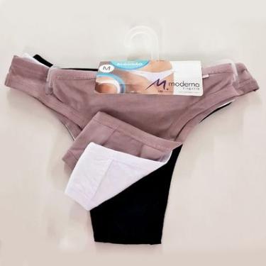 Imagem de Kit 3 Calcinhas Biquíni Algodão Bege Branco Preto Moderna Confortável