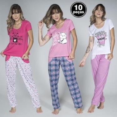 Imagem de Kit 10 Pijamas Inverno Feminino Calça Longa e Manga Curta Estampado-Feminino