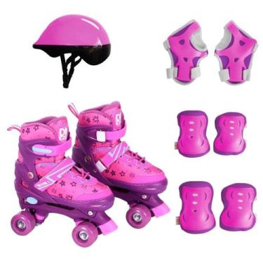 Imagem de Patins Roller Rosa Infantil Ajustável 4 Rodas com Proteção - Comercial