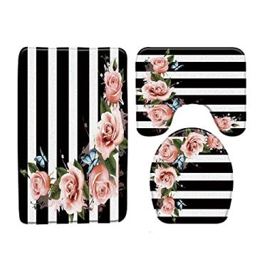 Imagem de Tapete de banho de flores e pássaros com fundo de listras pretas e brancas tapetes de banheiro conjunto de 3 peças tapete de banho tapete higiênico produtos de banheiro, 4941L,450MMx750MM