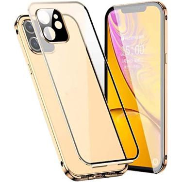 Imagem de HAODEE Capa magnética para Apple iPhone 12 (2020) 6,1 polegadas, moldura de metal transparente dupla face vidro temperado capa traseira de telefone (cor: ouro)