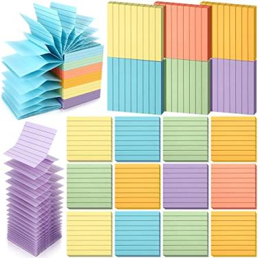 Imagem de Pacote com 24 notas adesivas coloridas destacadas com notas adesivas autoadesivas papéis de notas com linhas Pop Up almofadas adesivas com forro 6 almofadas autoadesivas de cores brilhantes neon para casa, escritório, caderno memorando