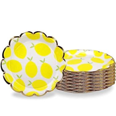 Imagem de MaitianGuyou Pratos de papel de ouro descartáveis - Pratos de papel de 40 unidades, artigos de festa para aperitivos, almoços, jantar e sobremesa (22 cm, limão)