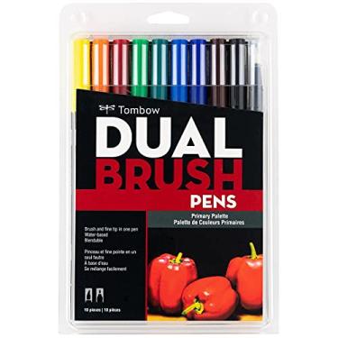 Imagem de Tombow - Canetas Pincéis Dual Brush cores primárias (estojo com 10) | Tinta aquarelável, ponta flexível para lettering e pincel incolor para misturas
