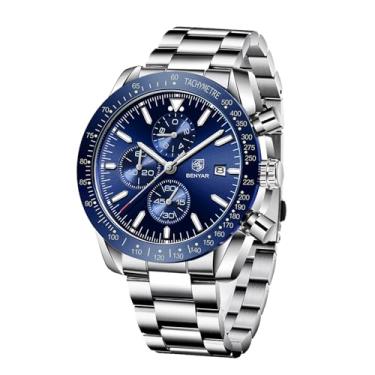 Imagem de Relógio masculino BENYAR com movimento de quartzo, cronógrafo 30 m, à prova d'água, luminoso, casual, esportivo, negócios, couro, Azul, Esportivo