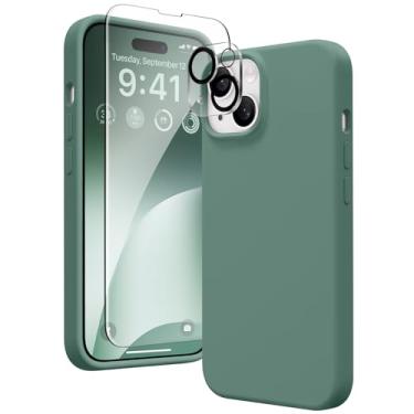 Imagem de GONEZ Capa compatível com iPhone 15, capa de silicone líquido com [3 protetores de tela + 3 projetores de lente de câmera], forro de microfibra macia antiarranhões, capa protetora para telefone, verde meia-noite
