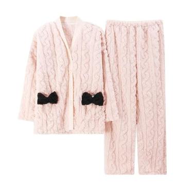 Imagem de LUBOSE Pijama feminino confortável, conjunto de pijama feminino, pijama de veludo coral feminino, pijama térmico feminino, dois conjuntos de pijama, Bege2, GG