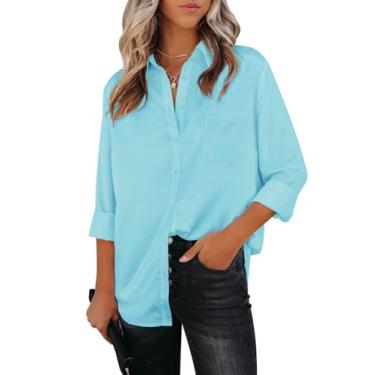 Imagem de Aoudery Camisas femininas de botão, manga comprida, gola sem rugas, gola V, trabalho, escritório, túnica de chiffon, Azul turquesa, P