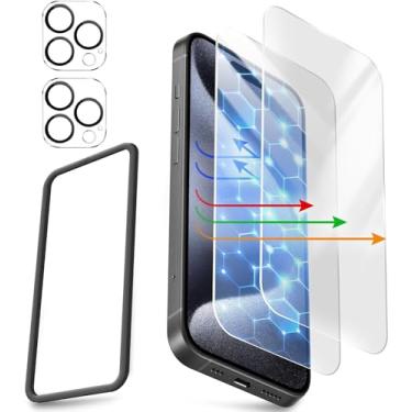 Imagem de Protetor de tela para iPhone 15 Pro Max (6,7 polegadas), 2 peças de películas de vidro temperado incolores antiluz azul, sem brilho, HD transparente, dureza 9H, sem bolhas, compatível com 2 peças de