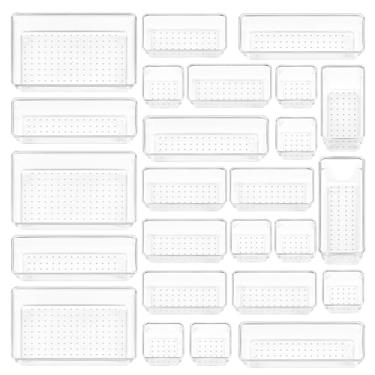 Imagem de Vtopmart Conjunto organizador de gaveta de plástico transparente, 25 peças, bandejas organizadoras de gavetas e banheiro versáteis, caixas de armazenamento para maquiagem, joias, utensílios de cozinha e escritório