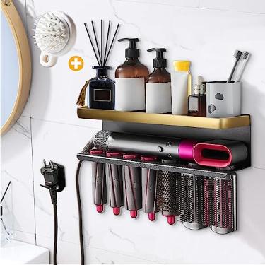 Imagem de Yimerlen Suporte de armazenamento Airwrap compatível com Dyson Airwrap modelador de cachos montado na parede suporte de armazenamento para acessórios de banheiro organizador (com pente de xampu)