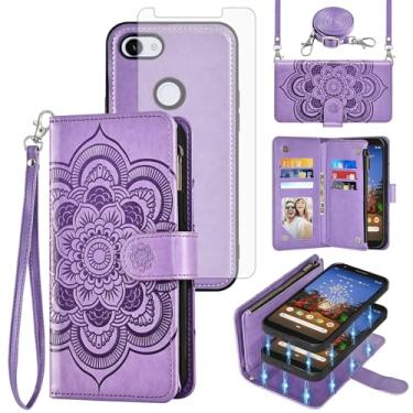 Imagem de Asuwish Capa de celular para Google Pixel 3a carteira com zíper magnética destacável com protetor de tela de vidro temperado, alça transversal, porta-cartões de flor mandala Pixel3a Pixle a3 mulheres