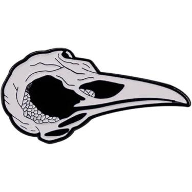 Imagem de Crachá de pino esmaltado com cabeça de corvo, cabeça de corvo, caveira, pássaro, esqueleto, gótico, dia das bruxas, 1.4 Inches Wide, Esmalte, Esmalte