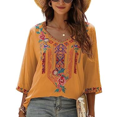 Imagem de LauraKlein Blusa feminina de verão boêmio bordado mexicano, gola V, manga 3/4, casual, solta, túnica, 328 - amarelo, XG