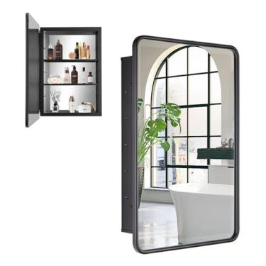 Imagem de YOOSHINE Armário de remédios preto para banheiro com espelho 40,6 cm x 61 cm moldura de metal embutido ou montado na parede armário de remédios de porta única com prateleiras ajustáveis, espelho