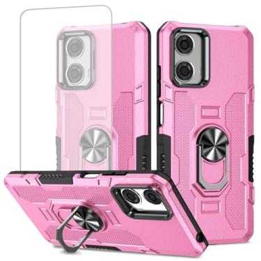 Imagem de Ueokeird Capa para Moto G24 4G, Motorola G04 4G XT2423-1 XT2421-2 Capa com protetor de tela de vidro temperado, anel de metal resistente, suporte magnético para Motorola Moto G24 4G, rosa
