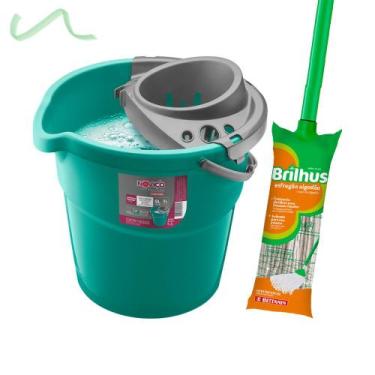 Imagem de Refil Mop Esfregão Brilhus + Balde Limpeza Com Escorredor 9l - Betanin