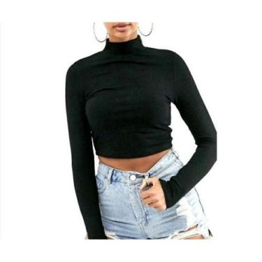 Imagem de Blusa cropped feminina tendência canelado gola alta  manga longa - Fil