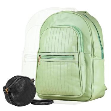Imagem de Mochila Bolsa Couro Impermeável Feminina Verde + Bolsinha Transversal 