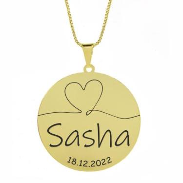 Imagem de Gargantilha Pingente Redondo Personalizado Coração Nome Sasha Banhado 