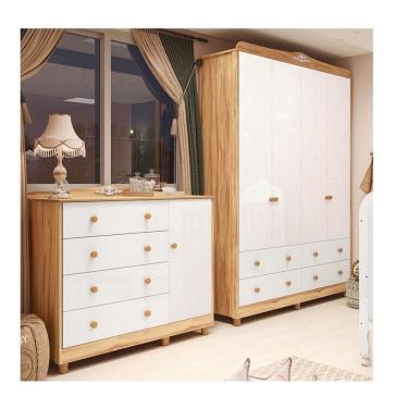 Imagem de Quarto Infantil com Guarda-roupas 4 Portas e Cômoda 1 Porta 100% Mdf Maya Clássico Espresso Móveis Branco Brilho/Amêndoa