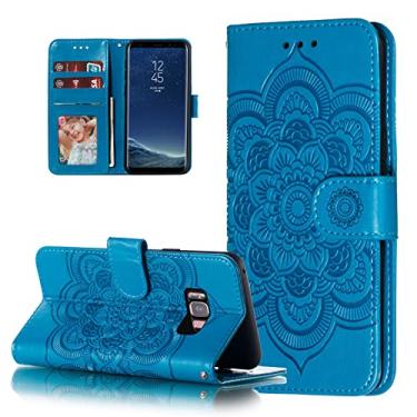 Imagem de EYZUTAK Capa Mandala para Samsung Galaxy S8 Plus, carteira flip de couro premium, compartimentos para cartões, suporte magnético, capa protetora ultrafina com cordão, capa flip em relevo - azul