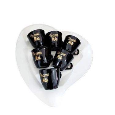 Imagem de Kit  presente  mãe - prato plastico branco coração + 6 xicaras pretas 