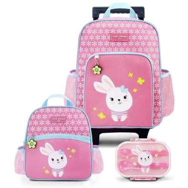 Imagem de Conjunto Mochila Com Rodinhas E Lancheira Térmica Com Pote P/ Lanche Rosa