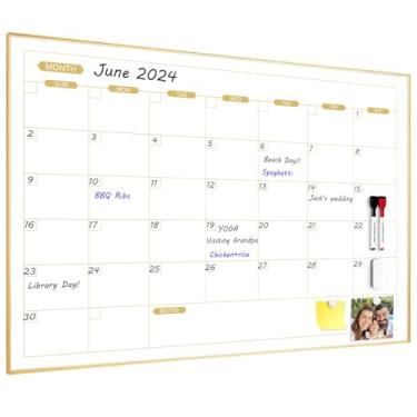 Imagem de ARCOBIS Quadro branco com calendário mensal, 91 cm x 61 cm, calendário magnético apagável a seco com moldura dourada, quadro planejador de parede para casa, escritório, escola