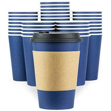 Imagem de Glowcoast Xícaras de café descartáveis com tampas - 340.2 g To Go Coffee Cup (pacote com 90). Copos de viagem mantêm a forma com bebidas quentes, sem vazamentos! Copos de papel com mangas isoladas