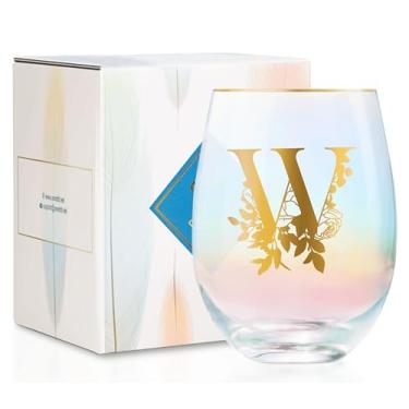 Imagem de Onebttl Presentes de vinho personalizados para mulheres, taça de vinho sem haste fofa com iniciais, presentes de monograma para amantes de vinho em aniversários de Natal, W
