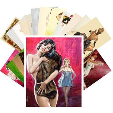 Imagem de PIXILUV Pacote de cartões postais Pinup 24 peças vintage polpa ficção ilustração sexy meninas homem capas de revistas