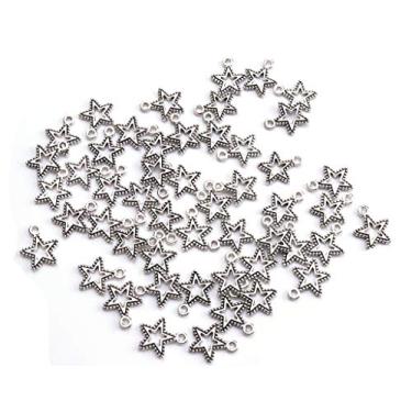 Imagem de Ruwado Pingente de 50 peças de estrelas elegante vintage de metal oco antigo em forma de estrela para fazer joias, colar faça você mesmo, encontrando decoração chaveiro artesanato, Metal Prata, Metal