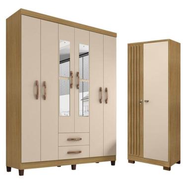 Imagem de Guarda Roupa Casal Modena com Espelho 6 Portas e Armário Multiuso Versatile Carvalho Americano Off White – Incorplac