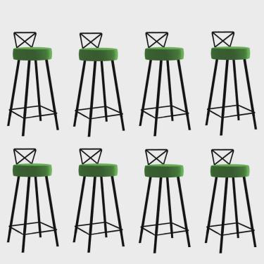 Imagem de Kit 08 Banqueta Alta Com Encosto Tânia Eiffel Cozinha Bar Bistrô Ferro Preto Sintético Verde - Ahz Móveis