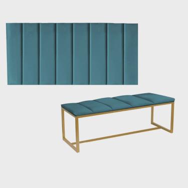 Imagem de Kit Painel Carla e Recamier Industrial 140cm Casal Box Ferro Dourado Suede Azul Turquesa - Ahz Móveis