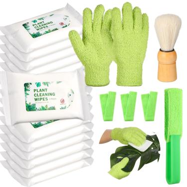 Imagem de Dansib Conjunto de 20 peças de limpeza de plantas, inclui 1 par de luvas de pó, 14 lenços com base, 1 pinça de limpeza de folhas com 3 mangas de microfibra removíveis, 1 escova de espanador para