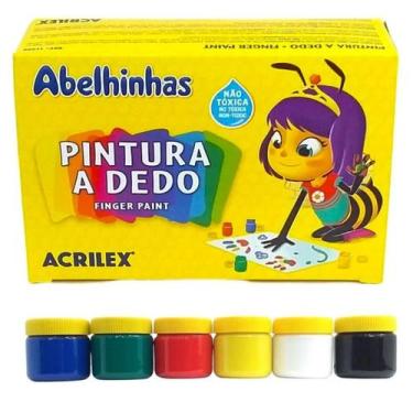 Imagem de Tinta para pintura a dedo escolar Acrilex com 6 potes de 30ml cada, ab