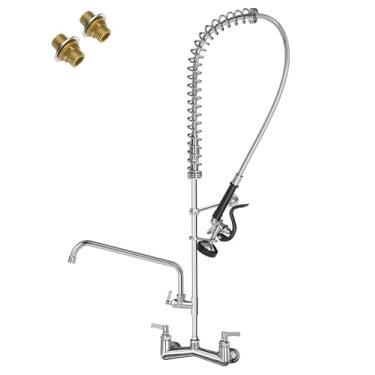 Imagem de FAUAID Torneira de pia comercial Suporte de parede com pulverizador de pré-enxágue 20 cm de montagem na parede central torneira de pia de cozinha 106,7 cm altura com bico giratório adicional de 35,5
