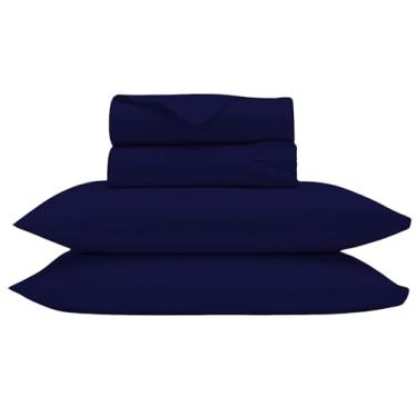 Imagem de Jogo de cama queen Bluemoon Homes, 1000 fios, algodão egípcio, lençóis para colchão alto de 45,7 cm, cetineta macia, roupa de cama fresca, 4 peças, azul marinho