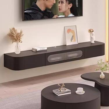 Imagem de Armário De Suporte De Tv Flutuante Armário De Tv Montado Na Parede Com 3 Portas Armazenamento De Jogos De Entretenimento Prateleira De Tv Para Sala De Estar, Black, 140 * 24 * 20cm